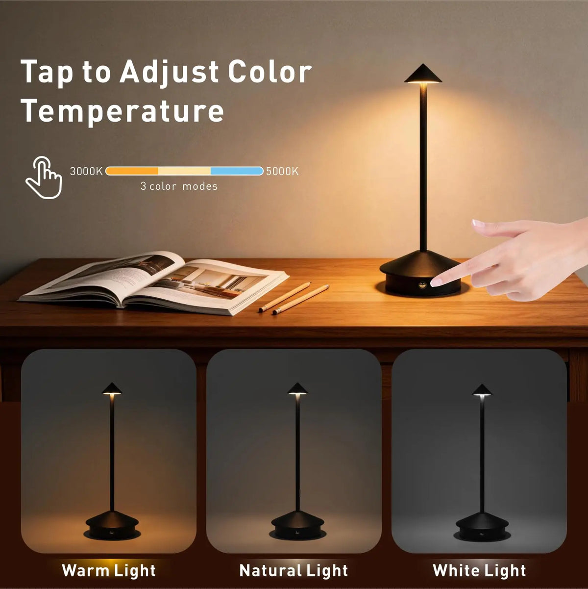 Cordless LED Table Lamp, Rechargeable Touch Dimmer