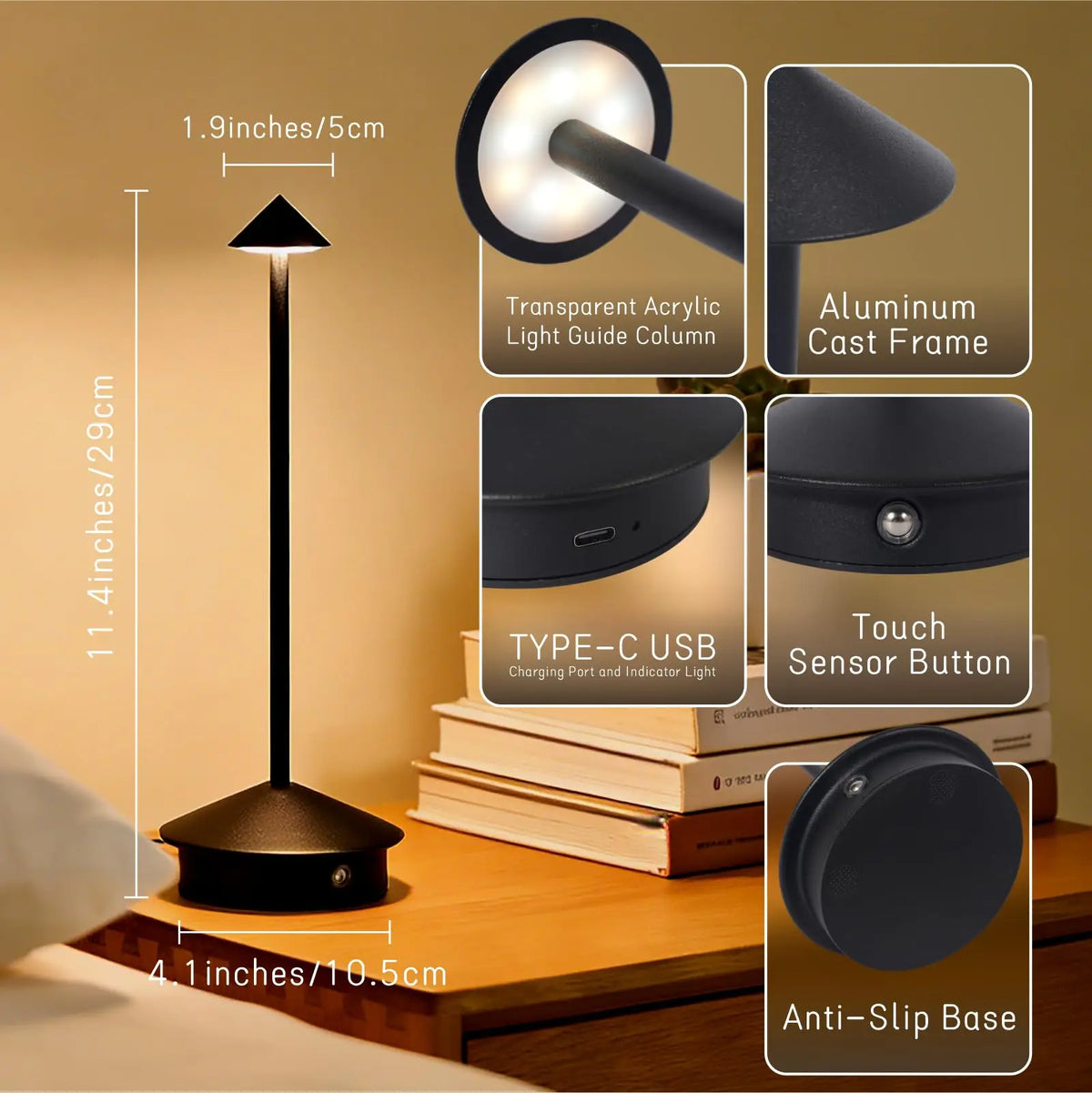 Cordless LED Table Lamp, Rechargeable Touch Dimmer