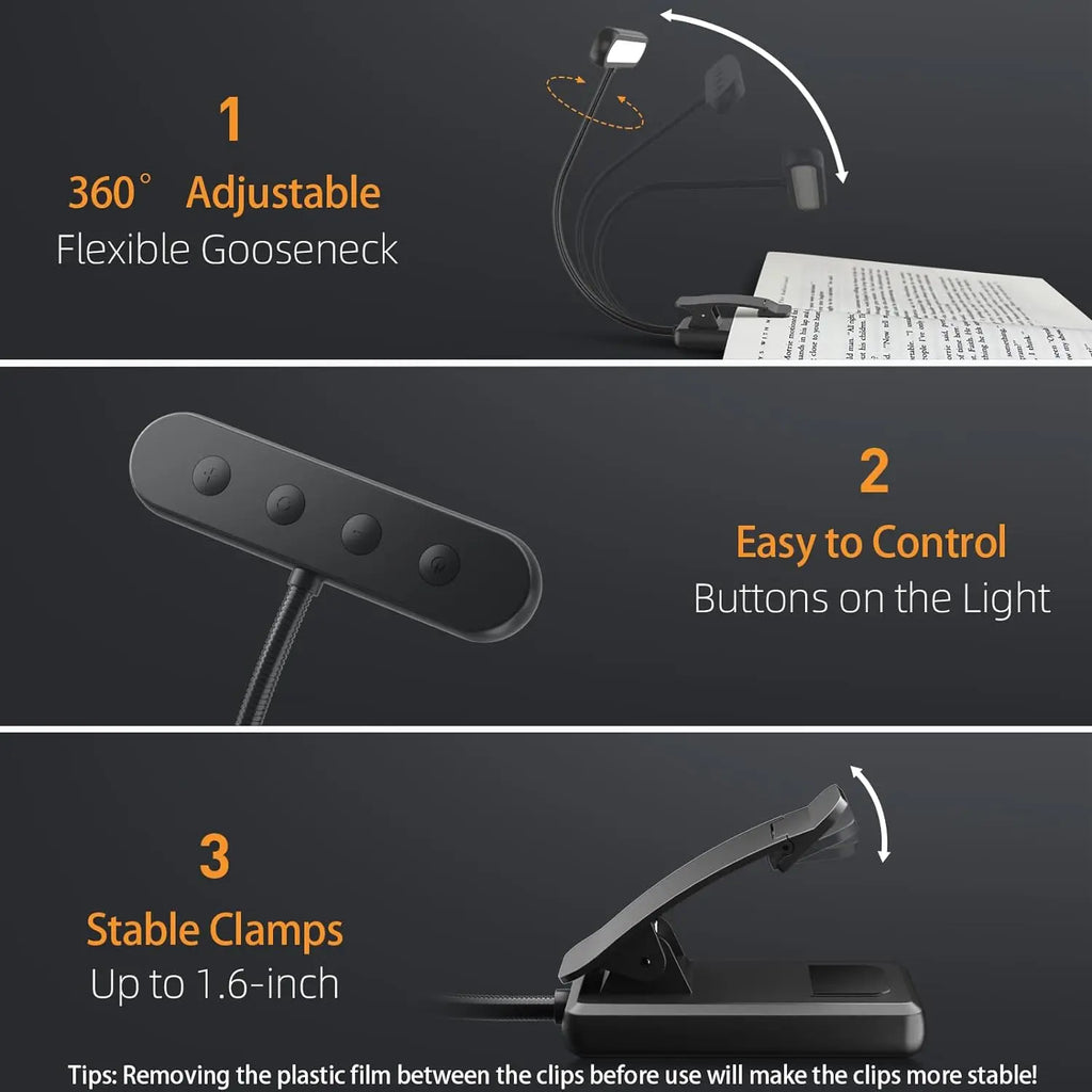 Clip-On Book Light, USB Rechargeable, 14 LED